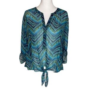 Chico's Teal Green Chevron Metallic Tie Front Roll Tab Blouse Size 3 XL